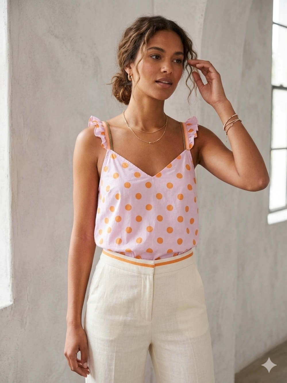 PITUSA Pink Polka Dot Ruffle Strap Cami Top (122)